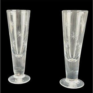 Vintage 1950s shot glasses, starburst etched clear glass, footed, as a pair